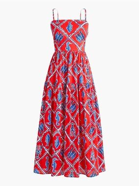 J. Crew. Strappy Midi Dress. Bright Cerise Blue Lobster Print. Size 4.